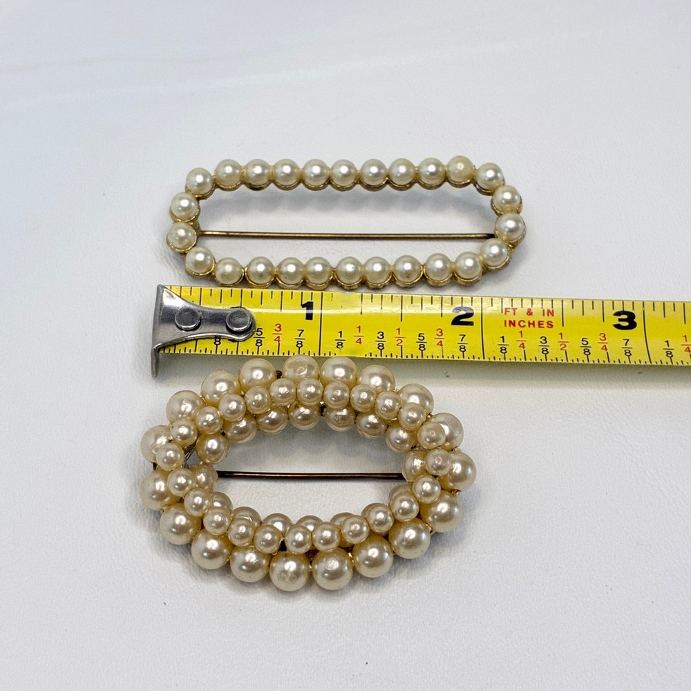 Vintage Faux Pearl Brooch Pin Set Gold Silver Tone Oval Rectangle 2pc Estate - Picture 2 of 13